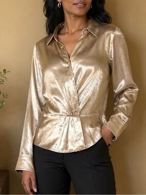 NEW Size XXL Worthington Metallic Gold Tone V-neck Button Up Long Sleeve Blouse